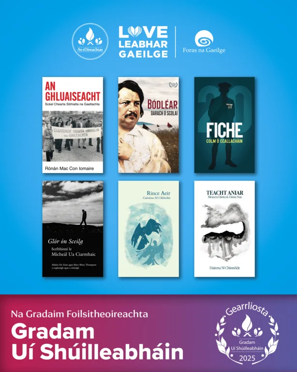 Gearrliostaí na nGradam Foilsitheoireachta do Leabhair Ghaeilge na Bliana 2025 fógartha