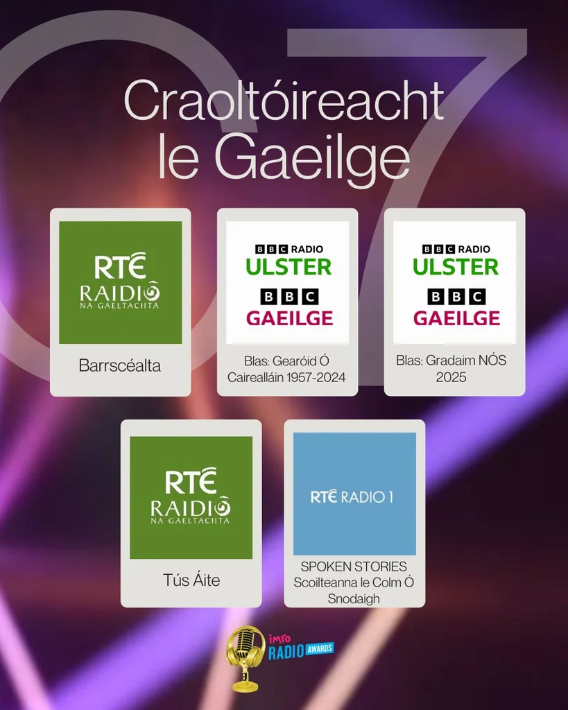 Craoltóireacht le Gaeilge i lár an stáitse ag Gradaim Raidió IMRO 2025