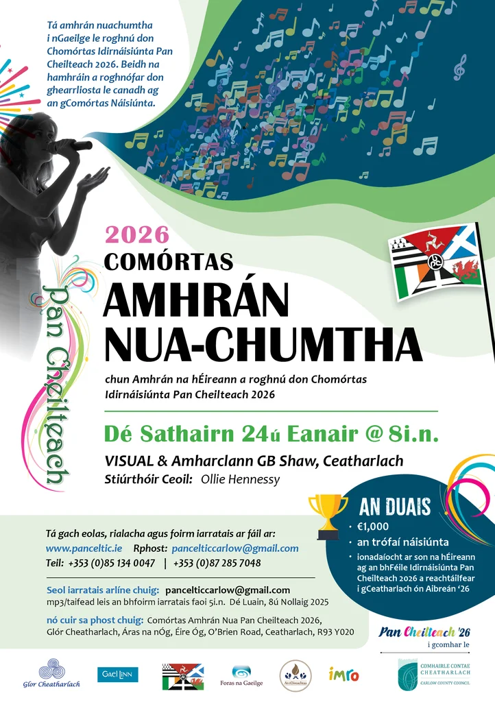 Spriocdháta don Chomórtas Amhráin Nua Pan-Cheilteach 2026 ag druidim linn