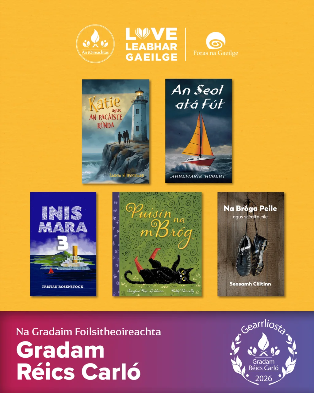 19 leabhar ar ghearrliostaí Ghradaim Foilsitheoireachta 2026